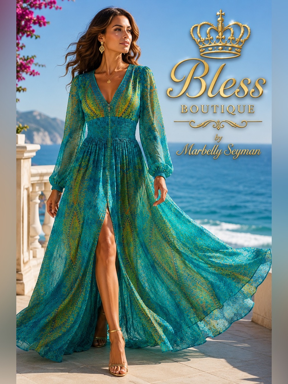 GRACIA V-Neck Boho Paisley Caftan Maxi Dress Teal Size L Smocked Waist